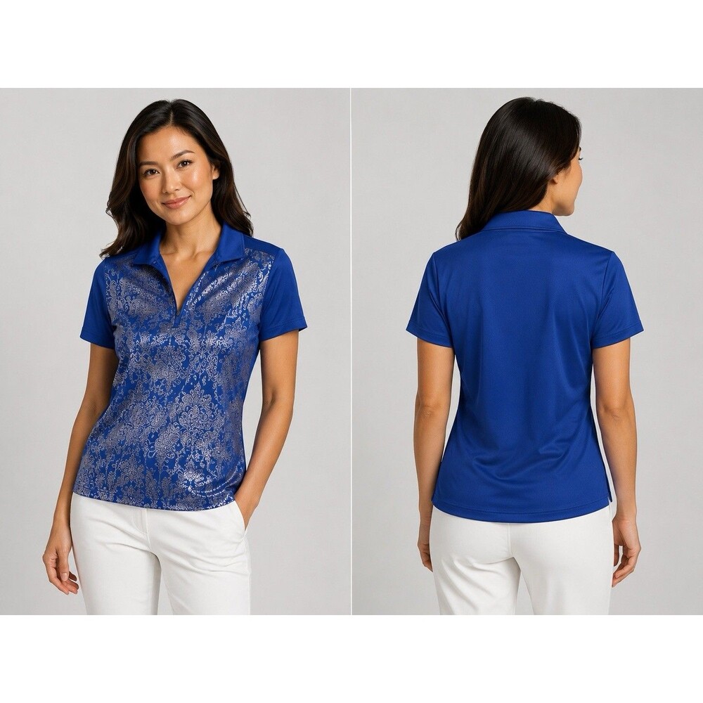 Golf Polo Shirt Womens Large Blue Paisley Print 1/4 Zip Stretch Performance Top
